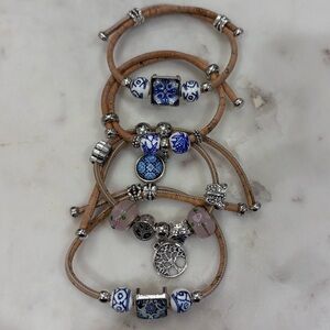 Set of 4 Blue and White Enamel Suede Adjustable Bracelets